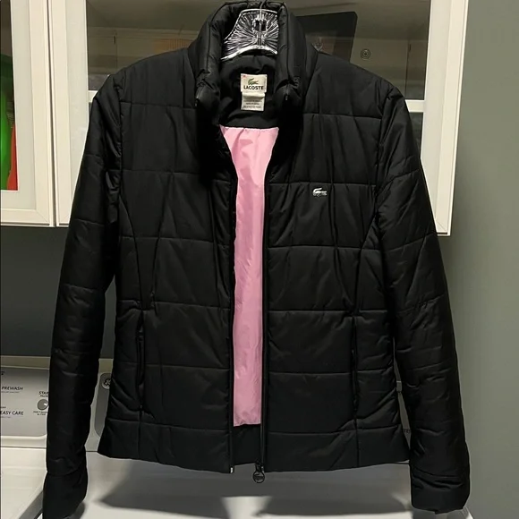 LACOSTE Vintage Devanlay Women's Black Puffer Coat Pink Lining size 38/Small - Picture 4 of 16